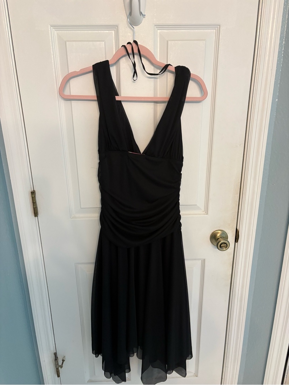 Blush Black Ruched Chiffon Handkerchief Hem Cocktail Dress